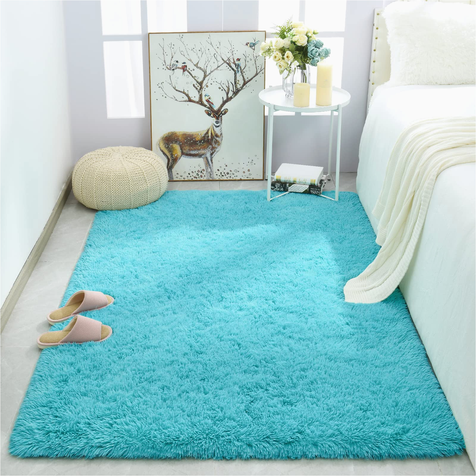 Light Blue Fluffy Rug Merelax soft Fluffy Blue Shaggy area Rug for Bedroom Boys Kids Room, Comfy Plush Nursery Teal Blue Carpet for Baby Boy Shower Gift Grandchildren …