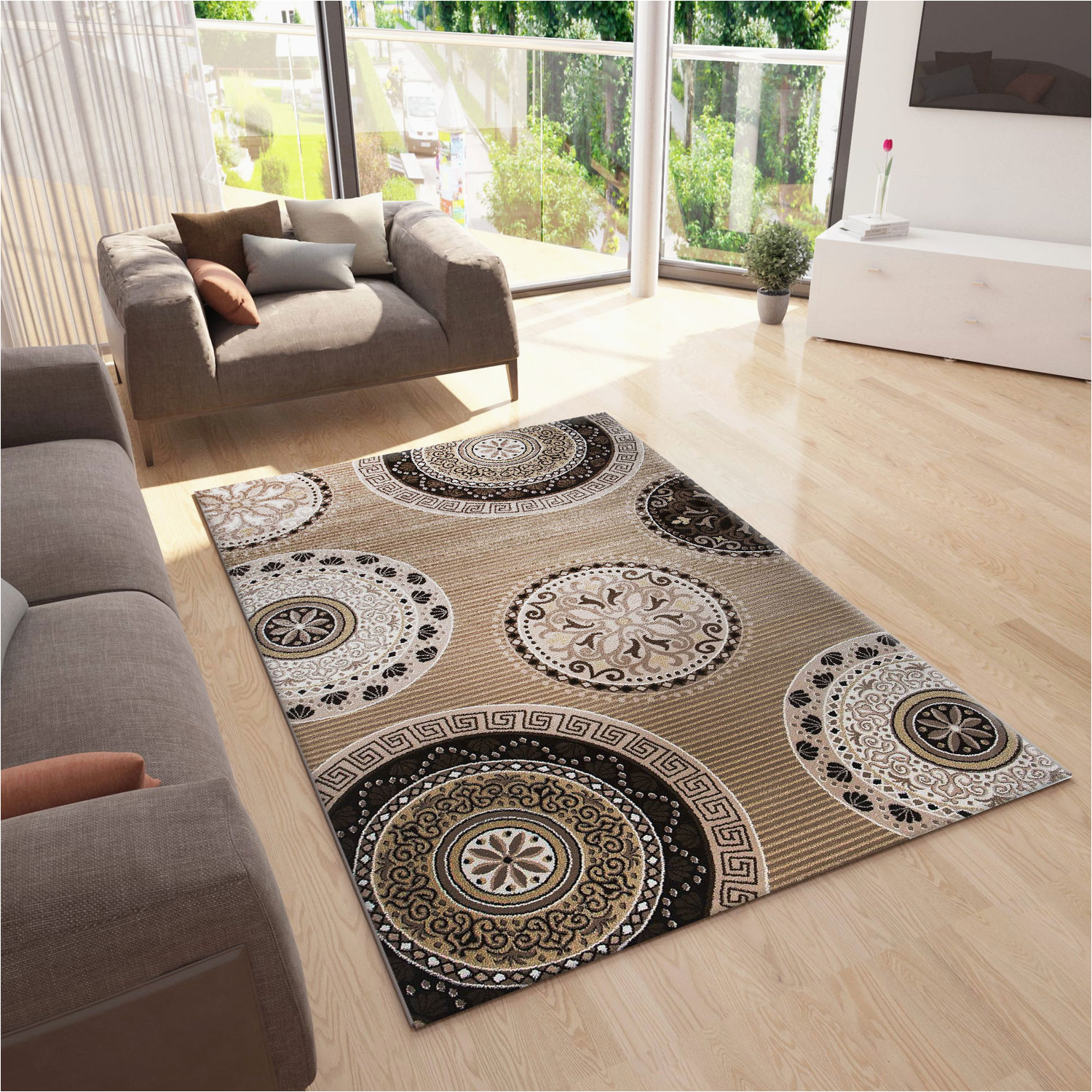 Living Room area Rugs Contemporary Livingroom Rug Contemporary Design Carpet with Circular Patterns and Greek Key Contours Beige Brown P9472 Plentyshop Lts