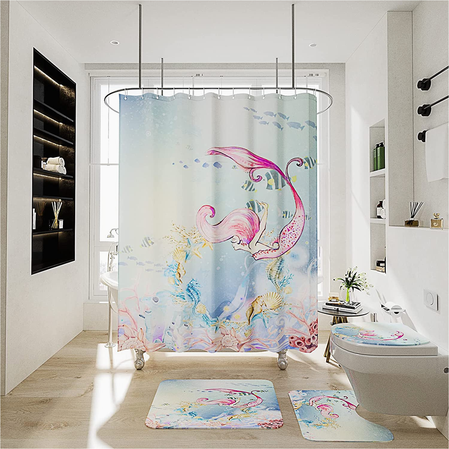 Mermaid Bath Rug Set Colokey Mermaid Shower Curtain Sets with Non-slip Rugs Bath Mat toilet Lid Cover and 12 Hooks Bath Curtain Sets Waterproof Polyester Machine Washable …