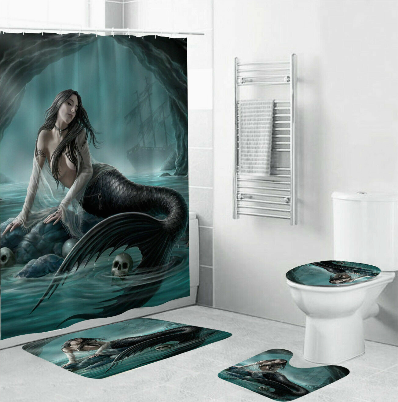 Mermaid Bath Rug Set Mermaid Bathroom Rug Set Shower Curtain Thick Bath Mat Non-slip toilet Lid Cover