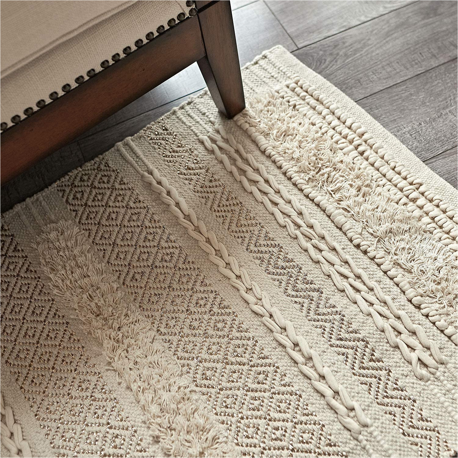 Metallic Gold and Ivory Leather and Jute Woven area Rug Motini Tufted Cotton area Rug 2′ X 3′, Hand Woven Knotted Boho Accent Carpet, Ivory Beige Throw Rug with Gold Metallic Thread for Living Room Bedroom …