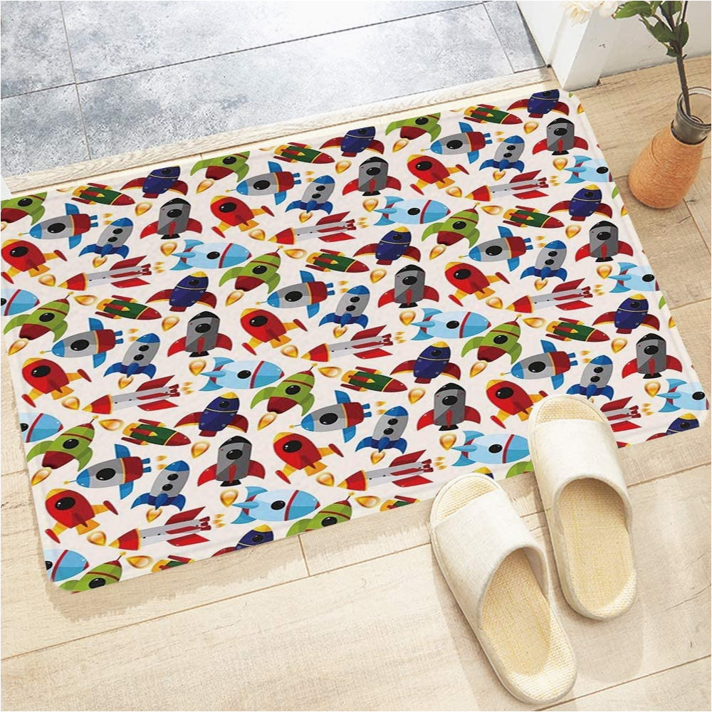 Mildew Resistant Bath Rug Bath Mat, Non-slip Washable Bathroom Rug, 60 X 100 Cm, Spaceship Pattern with Cartoon Art Style, Travel In Cosmos Rice, Drying and Mildew Resistant …