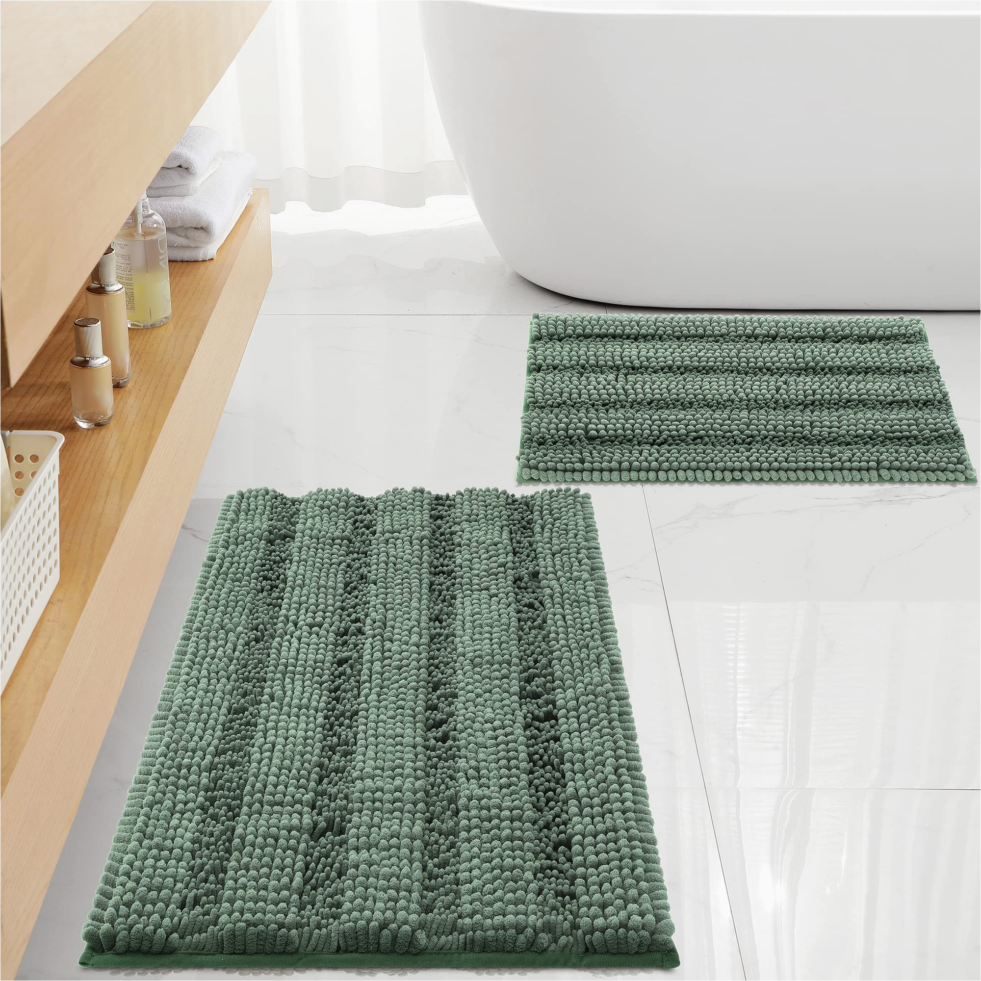 Sage Colored Bath Rugs Floleopa Non Slip Thick Shaggy Chenille Sage Green Bathroom Rug Sets 2 Piece, Thickened Hot Melt Rubber Bottom Bath Mats for Bathroom, Bath Rugs Quick …