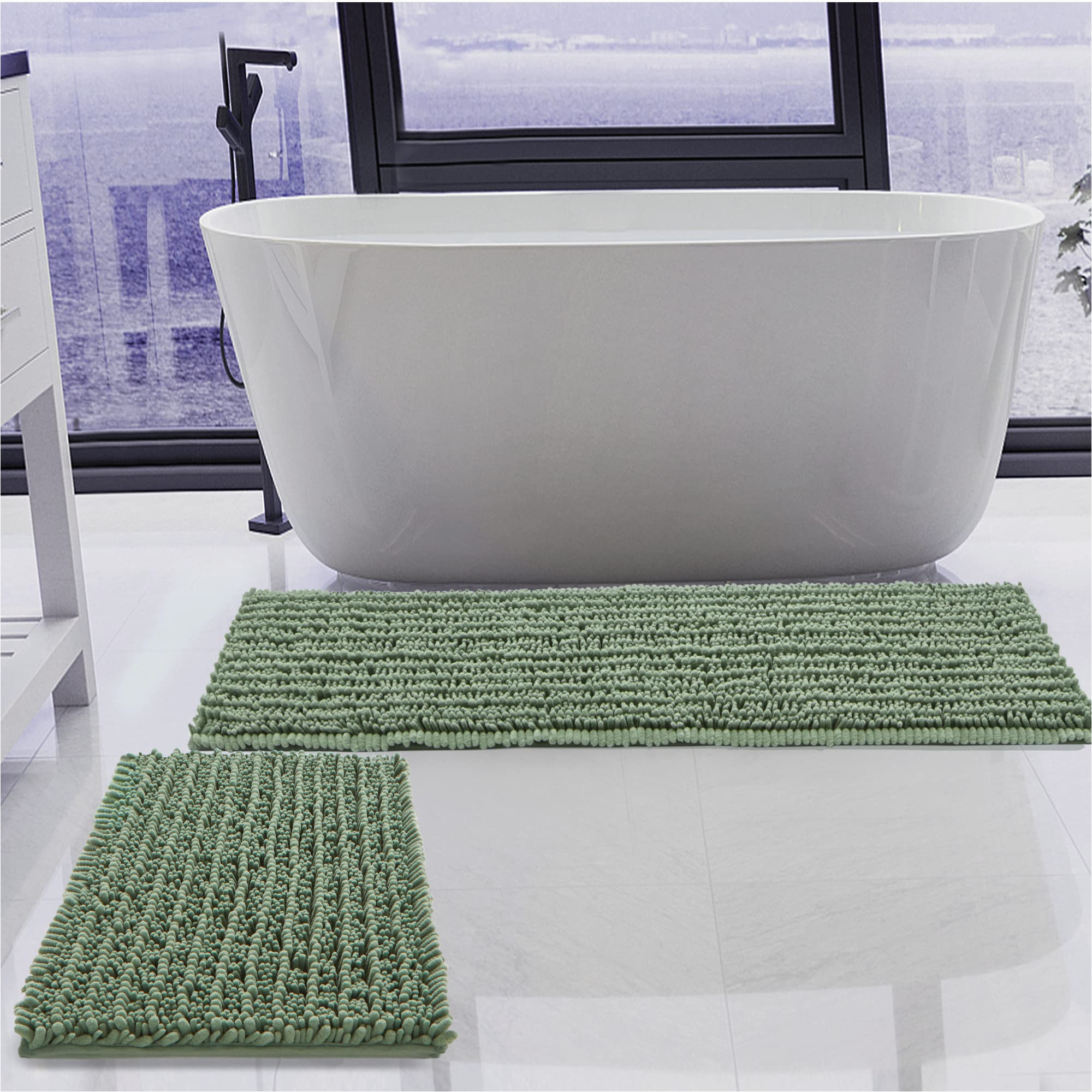 Sage Colored Bath Rugs H.veronnex Luxury Chenille Sage Green Bathroom Rugs Sets 2 Piece, Thickened Hot Melt Rubber Bottom Bath Mats for Bathroom Non Slip,bath Rugs Quick Dry …
