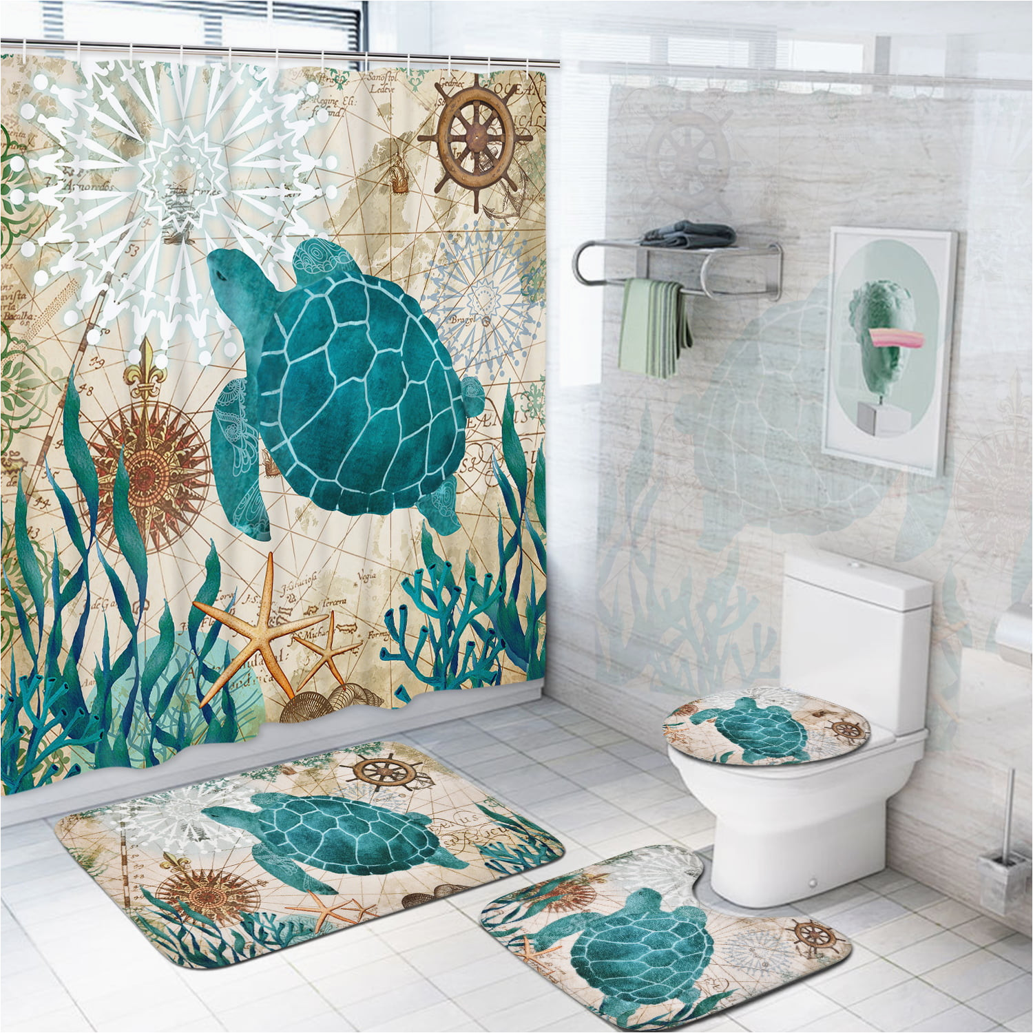 Sea Turtle Bath Rug Ikfashoni Sea Turtle Bathroom Sets, Teal Nautical Shower Curtains …