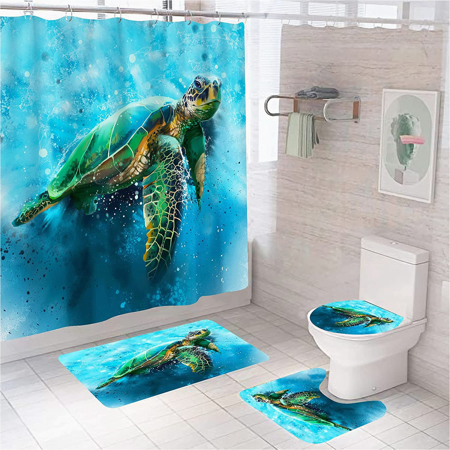 Sea Turtle Bath Rug Sea Turtle Bathroom Sets with Shower Curtain and Rugs and Accessories, Ocean Nautical Shower Curtain with 12 Hooks, Durable Waterproof Fabric Shower …