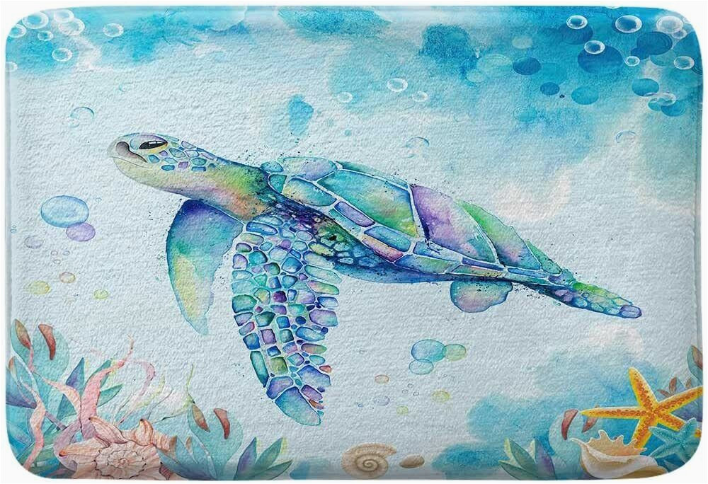 Sea Turtle Bath Rug Turtle Bathroom Rug, Nautical Turtle Bath Mat with Underwater Seashell Bath Mat