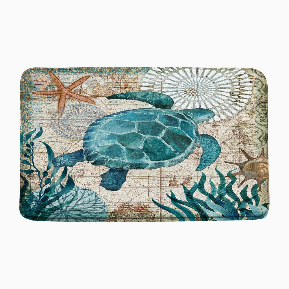 Sea Turtle Bath Rug Yssfav Nautical Sea Turtle Bath Mat Bathroom Rug Ocean Underwater World Boho Retro Map Summer Marine Life Starfish Coral Watercolor Blue theme Kitchen …