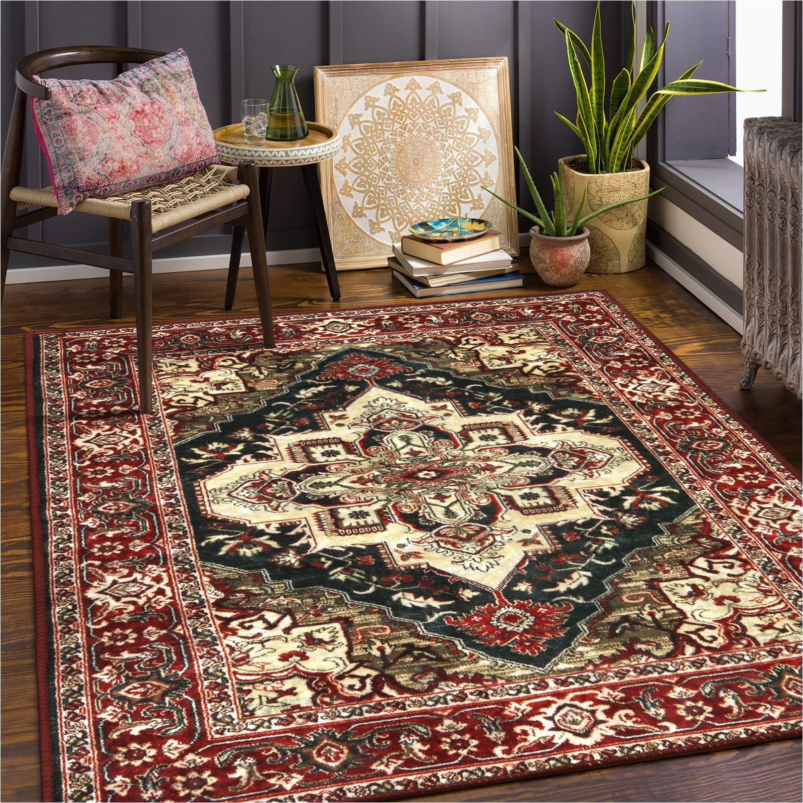 4 X 6 oriental area Rugs Traditional Collection area Rug 4×6 Ft Leevan Non Slip Washable Medallion Rugs Persian oriental Vintage Floor Carpet Distressed Floral Accent Throws …