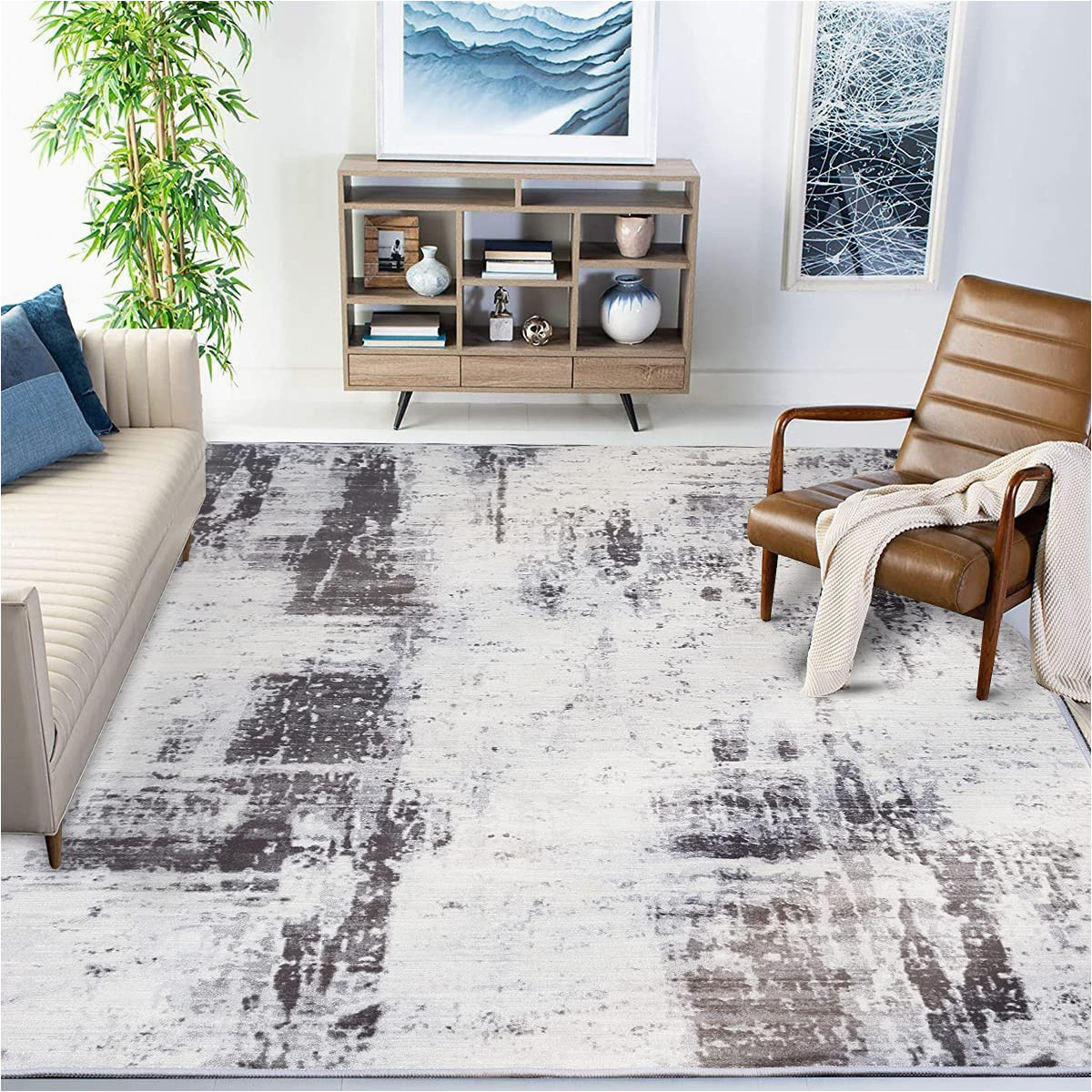 Area Rug On Carpet In Living Room nordic Grey 5.25 Ft. X 7.55 Ft. Abstract Shag area Rug, Vintage 5’3″ X 7’0″ Bohemian Style area Rug, Carpet for Bedroom Living Room Floor Large(grey, …