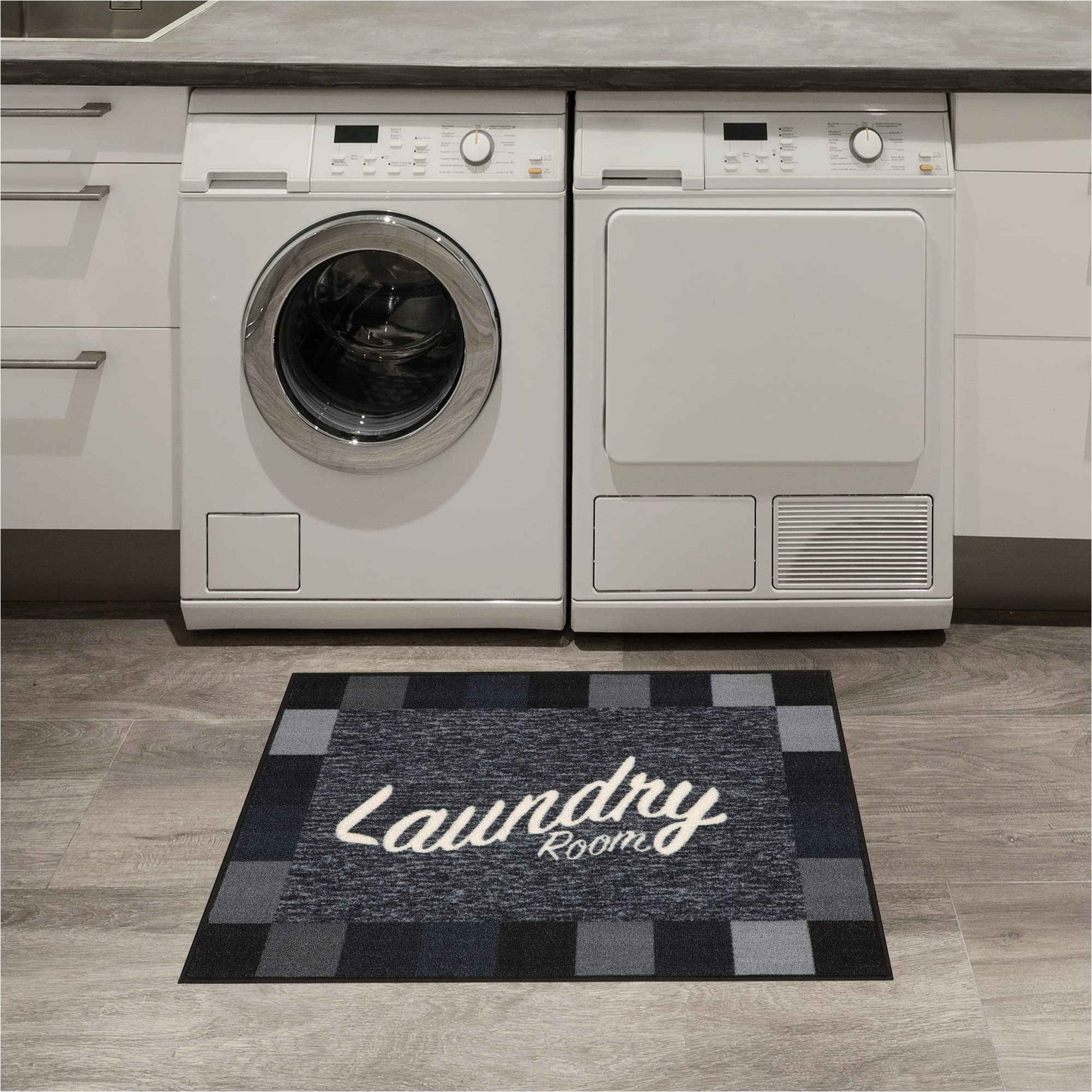 Washing area Rug at Laundromat Ottomanson Laundry Collection Non-slip Rubberback Checkered Border Design 2×3 Laundry Room area Rug/entryway Mat, 26″ X 35″, Black