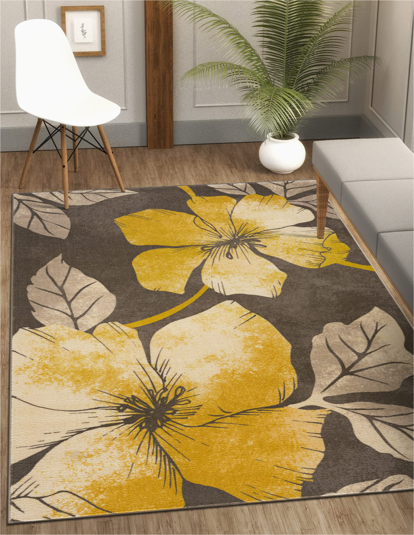 Amazon 5 X 7 area Rugs Camilson solana Modern Floral 5’3″ X 7′ area Rugs Non-skid (non-slip) Rubber Backing Yellow – Brown Flowers Indoor Rug (5×7, Yellow Brown)
