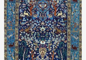 Antique Blue oriental Rug Blue Antique Persian isfahan Silk Rug with Flowers Animals Print