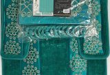 Bath Rug and Contour Set 4 Piece Bathroom Rugs Set Non Slip Teal Gold Bath Rug toilet Contour Mat with Fabric Shower Curtain and Matching Rings Florida Teal