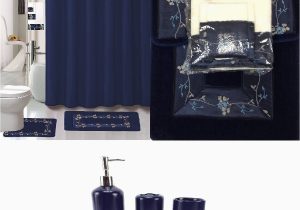 Bath Rug and Curtain Set 22 Piece Bath Accessory Set Navy Blue Flower Bathroom Rug Set Shower Curtain & Accessories