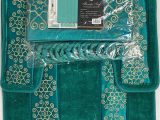 Bath Rugs 60 Long 4 Piece Bathroom Rugs Set Non Slip Teal Gold Bath Rug toilet Contour Mat with Fabric Shower Curtain and Matching Rings Florida Teal