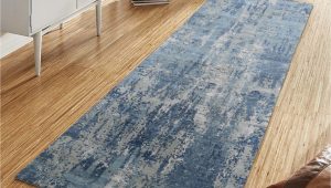 Blue and Grey Runner Rug 2’6″x8’3″ Blue-gray Abstract Design Wool and Pure Silk Hand Woven oriental Runner Rug