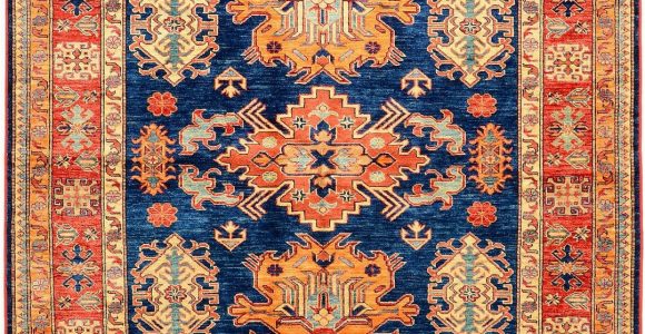 Blue and orange oriental Rug Peach and Navy Geometric Kazak Rug orientalrugs Geometrics