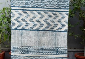 Blue and White Aztec Rug Cotton Hand Printed Rug In Blue and F White Colour the