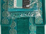 Blue Bath Rug Sets 4 Piece Bathroom Rugs Set Non Slip Teal Gold Bath Rug toilet Contour Mat with Fabric Shower Curtain and Matching Rings Florida Teal