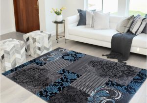 Blue Gray Black Rug Blue Gray Silver Black Abstract area Rug Modernpatchwork Pattern Frloral (5′ X 7′)