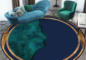 Blue Green Round Rug Carpet for Living Room Emerald Green Blue Color Mixture Round Carpet with Gold Edge Fashionable Room Decor Bedside Mat