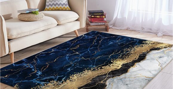 Blue Marble area Rug Blessliving Marble area Rug soft 3d Grey Navy Blue & Gold Marble Floor Mat Modern Printed Design Reversible Large Carpet for Bedroom Kitchen Living …