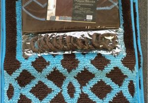Brown and Blue Bath Rugs 4 Piece Bath Set Chocolate Brown Turquoise Blue Polypropylene Mats Shower Curtain and Fabric Hooks Fillagree