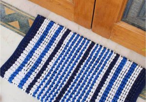Cobalt Blue Bath Rugs 1600 Gsm Chenille Loop Striped Handloom Woven Cotton Bath Rug