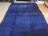 Extra Large Blue Rugs Vintage Moroccan Pile Rug Cobalt Blue Hand Woven 1970s Wool Rug Geometric Red Diamond Design