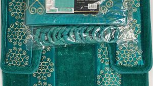 Gold Bath Rug Set 4 Piece Bathroom Rugs Set Non Slip Teal Gold Bath Rug toilet Contour Mat with Fabric Shower Curtain and Matching Rings Florida Teal