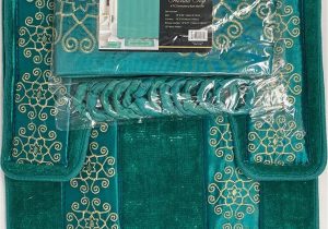 Gold Bath Rug Set 4 Piece Bathroom Rugs Set Non Slip Teal Gold Bath Rug toilet Contour Mat with Fabric Shower Curtain and Matching Rings Florida Teal
