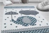 Grey Blue White Rug Children’s Rug Carpet Design Elephant Umbrella Heart Rain Grey-blue-white