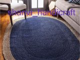 Jute and Blue Rug Indian Hand Braided Bohemian Blue Natural Jute area Rug Oval