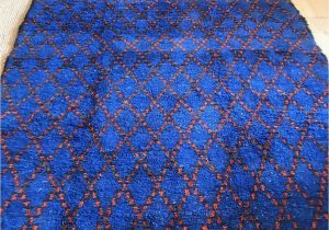 Large Blue Wool Rug Vintage Moroccan Pile Rug Cobalt Blue Hand Woven 1970s