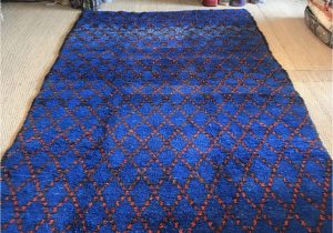 Large Blue Wool Rug Vintage Moroccan Pile Rug Cobalt Blue Hand Woven 1970s Wool Rug Geometric Red Diamond Design