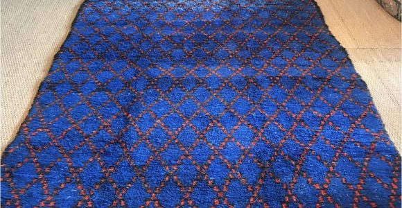 Large Blue Wool Rug Vintage Moroccan Pile Rug Cobalt Blue Hand Woven 1970s Wool Rug Geometric Red Diamond Design