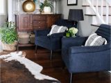 Navy Blue Cowhide Rug Living Room with Navy Chairs & Faux Cowhide Rug