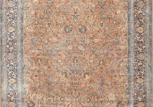 Peach and Blue Persian Style Chenille Oasis area Rug Antique Kerman Rug by Nazmiyal