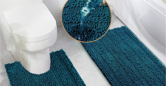 Peacock Blue Bath Rugs Bath Mat Set for Bathroom 2 Piece Dry Bath Rug U Shape Contour Rug …
