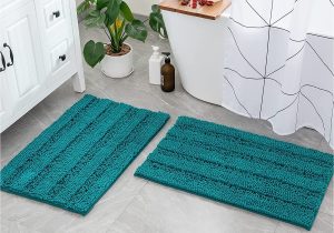 Peacock Blue Bath Rugs Miulee Set Of 2 Striped Chenille Bathroom Rugs Super soft and Absorbent Non-slip Shaggy Bath Mats Rugs for Bathtub Shower (peacock Blue, 20 X 32 Inch)