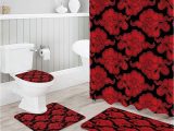 Red and Black Bath Rugs 4 Piece Bathroom Set, Red Black Pattern Chinese Vintage Cloud Japanese China oriental Design Shower Curtain and Bath Mat Set with Non-slip Rugs, …