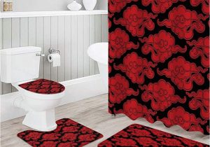 Red and Black Bath Rugs 4 Piece Bathroom Set, Red Black Pattern Chinese Vintage Cloud Japanese China oriental Design Shower Curtain and Bath Mat Set with Non-slip Rugs, …