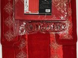 Red Bath Rug Set 4 Piece Bathroom Rugs Set Non Slip Red Gold Color Bath Rug toilet Contour Mat with Fabric Shower Curtain and Matching Rings Daisy Red