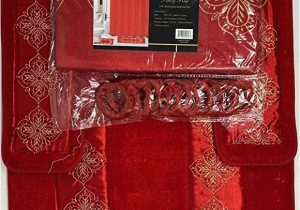 Red Bath Rug Set 4 Piece Bathroom Rugs Set Non Slip Red Gold Color Bath Rug toilet Contour Mat with Fabric Shower Curtain and Matching Rings Daisy Red