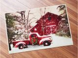 Red Truck Christmas Bath Rug Retro Red Truck and Winter Barn Christmas Bathroom Rug