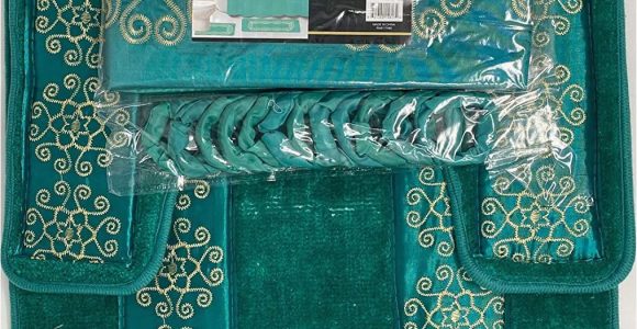 Teal Bath Rug Set 4 Piece Bathroom Rugs Set Non Slip Teal Gold Bath Rug toilet Contour Mat with Fabric Shower Curtain and Matching Rings Florida Teal