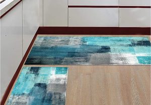 Teal Blue Kitchen Rugs Kitchen Rugs and Mats Non-slip Cushioned Anti-fatigue Kitchen Rug with Runner Set Of 2, Turquoise Grey Modern Abstract Oil Painting Textured Kitchen …