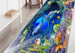 Very Thin Bathroom Rug Bathroom Rug Non Slip Flannel Microfiber Bath Mat Underwater World Dolphin area Rug with Water Resistant Rubber Back Anti Slip for Kitchen and