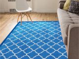 Washable Rubber Backed area Rugs Well Woven Non-skid Slip Rubber Back Antibacterial area Rug Dallas Moroccan Trellis Blue Modern Geometric Lattice Thin Low Pile Machine Washable …